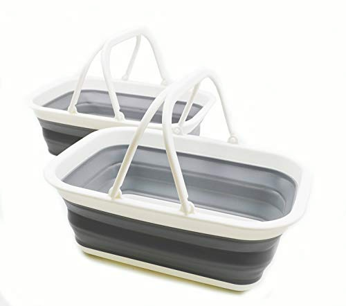 SAMMART 9.2L Collapsible Tub with Handle - Portable Outdoor Picnic Basket/Crater - Foldable Shopping Bag - Space Saving Storage Container (White/Grey, 2)