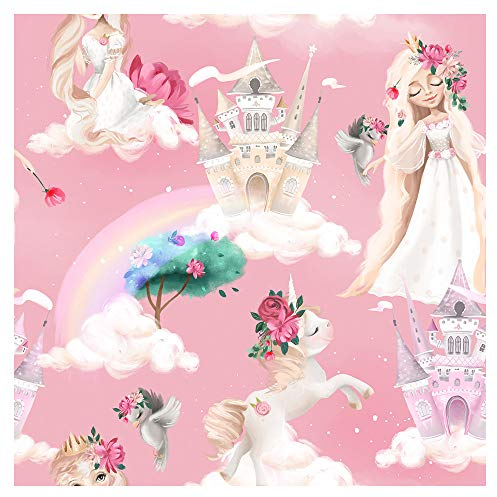 murando Vlies Tapete Deko Panel Fototapete Kinderzimmer Wanddeko 10 m Tapetenrolle Mustertapete Wandtapete modern design Dekoration - Prinzessin Einhorn Regenbogen Schloss