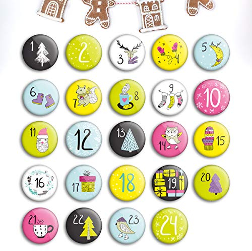 Adventskalender Zahlen Buttons (1-24): Anstecker zum selber Basteln von Weihnachts-Kalendern und zum Dekorieren (25 mm)