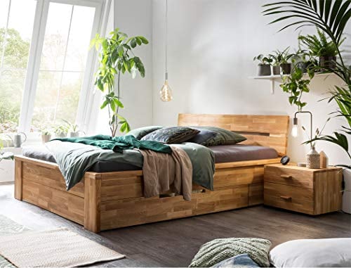 expendio Massivholzbett Cleo 160x200 Wildeiche geölt Schubladenbett + 1x Nachttisch Stauraumbett Doppelbett Ehebett Gästebett Holzbett Bett