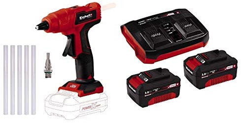 Einhell Pistola Incollatrice a Batteria TE-Cg 18 Li-Solo Power X-Change, Li-Ion, 18 V, Max. 170 °C, Pronta per l'Uso in 120 Secondi, Incl. 5 Stick Colla + 2X 3,0Ah & Twincharger PXC Starter Kit