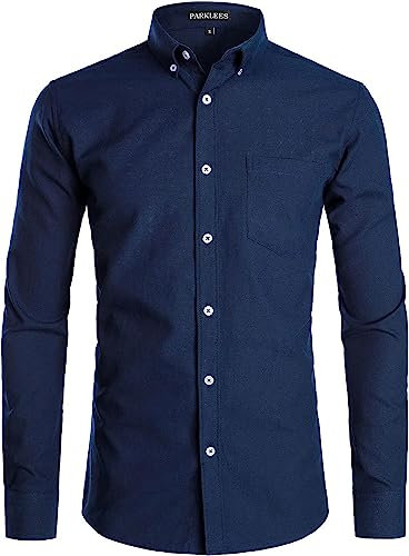 PARKLEES Men's Slim Fit Long Sleeve Smart Casual Button Down Oxford Shirts PZ111 Navy L