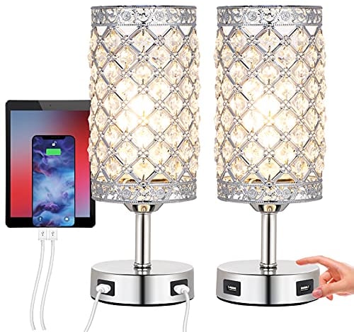 Lámpara de noche de cristal, 2 unidades, lámpara de mesa con 2 puertos USB, control táctil, incluye 2 bombillas, ideal para mesitas de noche para el dormitorio (clase de eficiencia energética A+++)