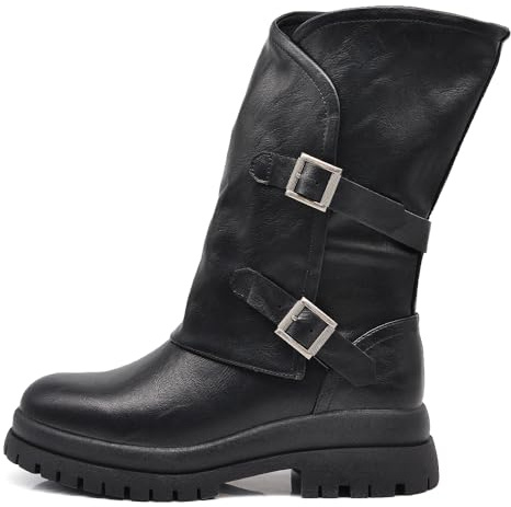 IF Fashion Scarpe Stivali da Donna Al Polpaccio Largo Biker Motociclista Con Doppie Fibbie Platform Anfibi MP2751-4 nero N.37