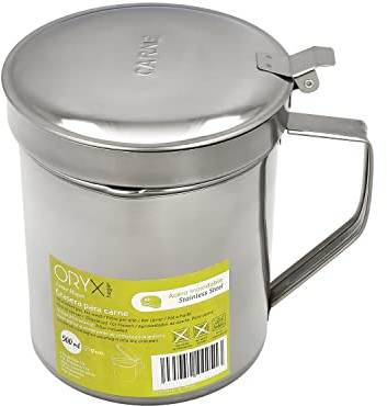 Grasera Acero Inoxidable Para Carne, Aceitera Aceite Usado 0,5 lts. Con Colador y Tapa, Recipiente Reciclaje Aceite Usado Carne