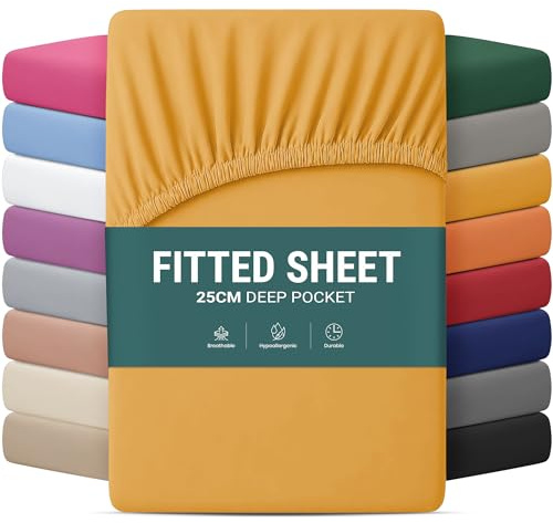 Yorkshire Bedding Extra Deep Super King Size Fitted Sheets 25 CM Ochre Bed Sheets with Elastic Corners Easy Care Soft Brushed Microfiber Fabric Breathable Shrinkage Fade-Resistant Bedsheets