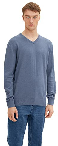 TOM TAILOR Jersey Básico de Punto Con Escote de Pico, Suéter para Hombre Azul (31083-mezcla de azul medio grisáceo), 31/30