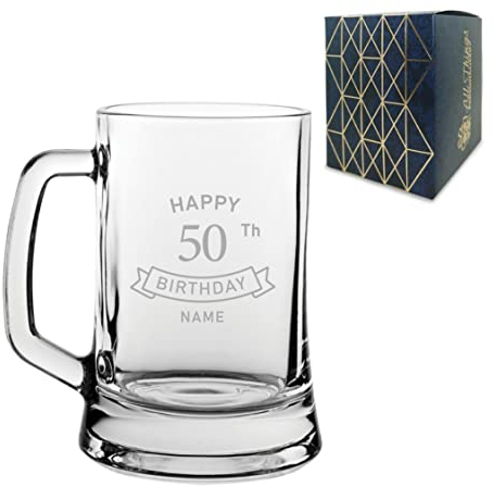 Personalised Engraved Tankard Beer Mug Stein Happy 50th Birthday Banner Design Gift Boxed, 16.75oz/495ml Classic Beer Glass, Any Name, Engraved in The UK