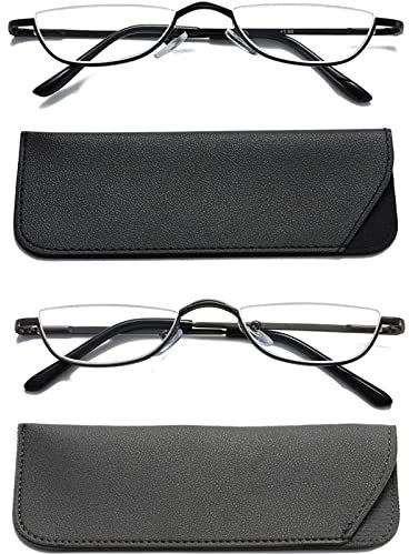 Hubeye 2 Pairs Half Moon Reading Glasses Metal Slim Half Frame Lens Ultra Thin Readers With Spring Hinges for Men and Women 1.50