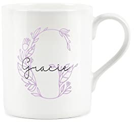 Personalised Bone China Mug - Floral Pink Letter G - Small Coffee Tea Mug Gift Present