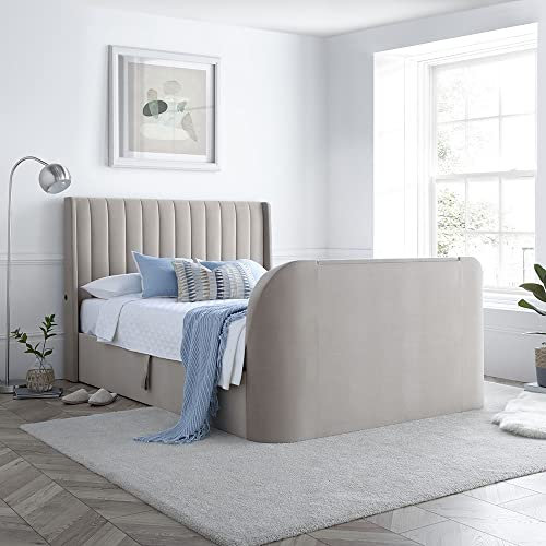 happybeds Velvet TV Bed, Luther Warm Stone Velvet Ottoman Electric Media TV Bed, Double, King, Super King Size (King (U.K. Standard))