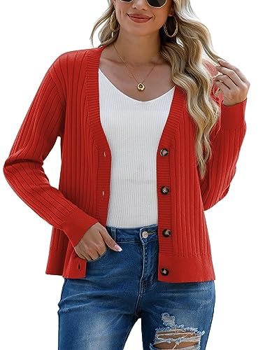 PrinStory Women's Cardigans Button Down Jumpers Long Sleeve Tops Open Front Knitted Cardigan Sweaters (Rust Red, XL)