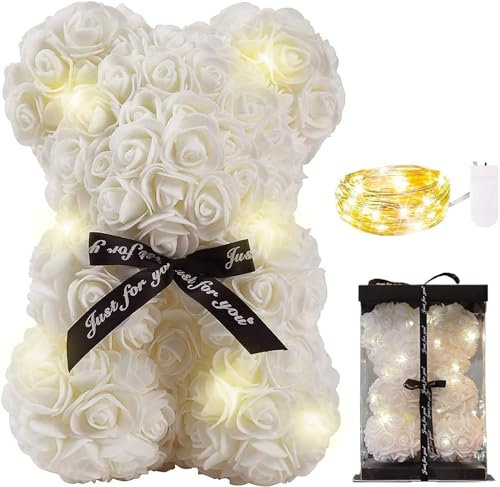 Meridiana - Orso di Rose Orsetto di Rosa Orsacchiotto Altezza 25 cm Teddy Bear Idea Regalo Regali per Lei Fidanzata Orso rose Bianche Compleanno Anniversario idee regalo San Valentino con LED (Bianco)