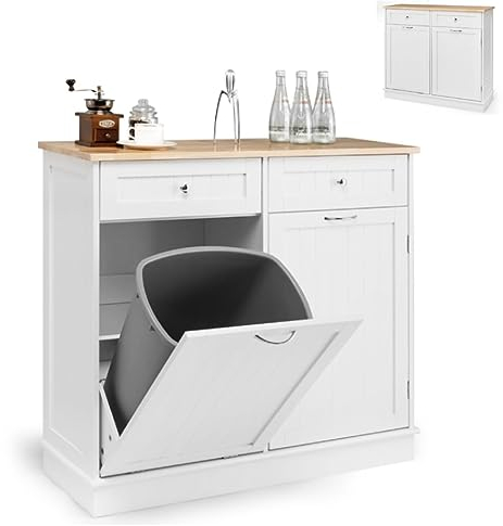 GiantexUK Kitchen Trash Bin Cabinet, Tilt Out Recycling Trash Can Cabinet with Rubber Wood Countertop, Adjustable Shelf & Drawers, Freestanding Garbage Can Holder for Laundry (White)