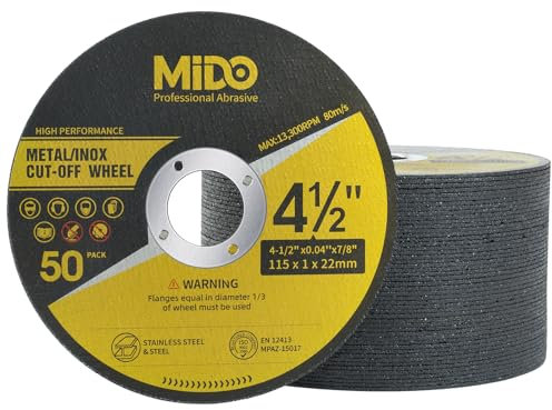MIDO Professional Abrasive Cutting Discs 115 mm 50-pack Metal Fast Cutting Ultra Thin 1 mm Cutting Wheels Stainless Steel Cut Off Wheel for Angle Grinder