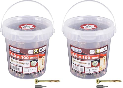Connex Universalschrauben 6,0 x 100 mm - 85 Stück im Set - Senkkopf - TX-Antrieb - Teilgewinde - Gelb verzinkt - Inkl. Bit/Schrauben-Set/Schrauben-Eimer / B30085 (Packung mit 2)