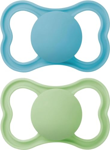 MAM Air Soothers 6-18 Months | 2 Pack | Orthodontic Design | Comes in Dummy Steriliser Case | Sustainable Materials | Baby Accessories | Blue (Various Designs)