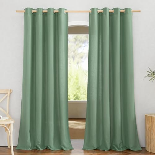 PONY DANCE Leinen Gardinen mit Ösen Wohnzimmer Vorhänge Halbtransparent 2er Set H 245 x B 140 cm Boho Leinenvorhang Semi-Sheer Linen Curtains for Living Room/Bedroom, Olivgrün