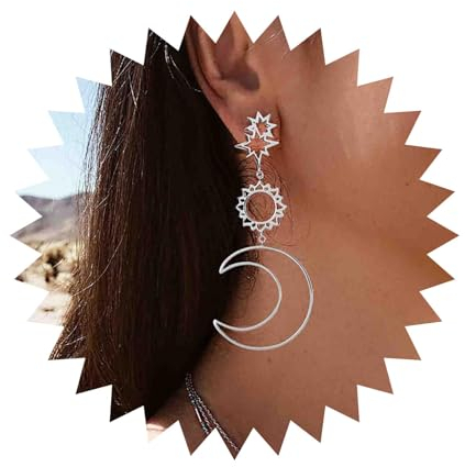 Cimenexe Böhmische Sonne Mond Baumeln Ohrringe Silber Hohl Sunburst Tropfen Ohrringe Große Mondsichel Starburst Ohrstecker Asymmetrische Sonne Mond Ohrringe Schmuck Für Frauen Und Mädchen Geschenke