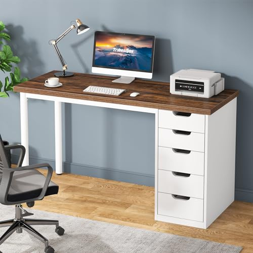 Tribesigns Computer Desk with 5 Drawers, 47 inches Rustic Brown Home Office Desk with Storage, Modern Simple Laptop Desk Study Writing Table for Small Spaces (Brown+White)