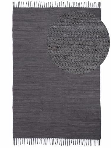 carpetfine Flickenteppich Kelim Chindi Uni Grau 190x290 cm, handgewebt | Fleckerlteppich aus Baumwolle für Wohnzimmermit Fransen