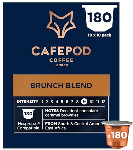 CafePod Brunch Blend Lungo Nespresso Compatible Coffee Pods 180 Capsules | Smooth intensity 9 lungo coffee capsules, chocolate, caramel and brownie notes – Rainforest Alliance sourced