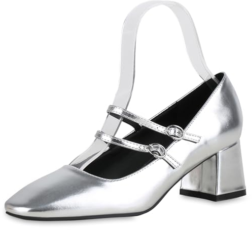 VAN HILL Damen Mary Janes Blockabsatz Basic Klassisch Schuhe 215343 Silber 36