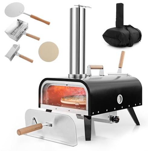 COSTWAY Horno Pizza, Horno Pizza Leña y Carbón, Piedra para Pizza de 30 cm, Inoxidable de 3 Capas con Termómetro, Pala para Pizza y Bolsa de Transporte