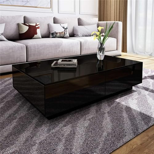 Coffee Table with Storage - High Gloss Rectangle Centre Table for Living Room, 4 Drawers, Home Office Furniture, 95 x 60 x 31cm (Black)