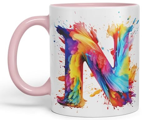 Vixar Letter N Mug, Alphabet Letter N Monogram Watercolour Ceramic Coloured Mug Cup for Tea Coffee Hot Brew 330ml 11Oz Gift (Pink)