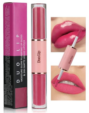 Bright Pink Matte Lipstick Glossy Lip Gloss, Double-ended Hot Pink Lip Oil Tinted, Hydrating Lip Balm Lipgloss Makeup, Double-ended Liquid Lipstick, Waterproof Long Lasting Lip Stain, Gift for Women