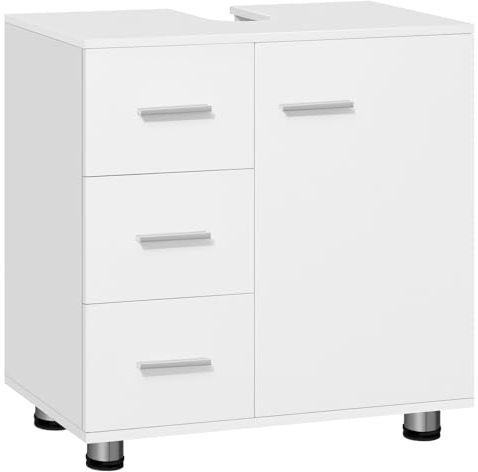 EUGAD Mueble Bajo Lavabo, Armario de Baño Con 3 Cajones y 2 Compartimentos, Hueco 17,5x10 cm Para Sifón, Madera de Ingeniería, Estilo Nórdico, Blanco, 60x30x59,5 cm