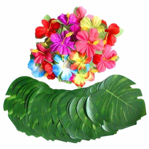 SLAXJNE 60 Pièces Décorations De Fête Tropicales, Décorations De Fête Hawaïennes, Décorations De Palmiers, Décorations De Table, Décorations De Fleurs d'hibiscus
