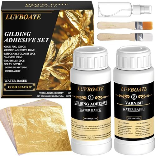 Set di fogli d'oro adesivi, LUVBOATE Set di fogli d'oro, 100ml di adesivo per doratura a base acquosa e 100ml di vernice protettiva, 100 fogli d'oro per arte, pittura, arredamento e decorazione