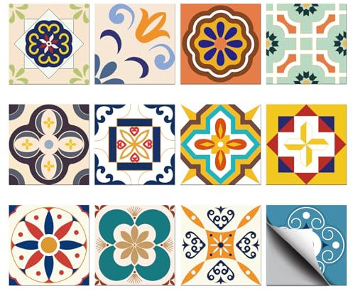 CHGCRAFT 36 Stück 12 Stil Spanisch Mittelmeer Fliesenaufkleber 10x10cm Wasserdicht Fliese Aufkleber Quadrat mit Blumenmuster für Küche Bad Schlafzimmer Wand Kamin Boden Dekoration