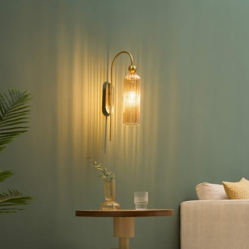 Kosilum – Wandleuchte Glocke, goldfarben, Glas, strukturiert, Bernstein, strukturiert, warmweiß, Beleuchtung für Wohnzimmer, Schlafzimmer, Küche, Flur, – E14 – IP20