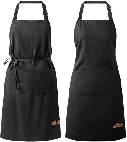 Viedouce 2 Kochschürze 100% Baumwolle für Damen Herren,Verstellbare Küchenschürze mit Groß Taschen,Schürzen für Köche BBQ Malerei Backen Kochen Heimgebrauch Restaurants Cafés Gärten,Schwarz