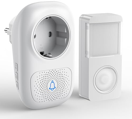 Sonnette sans Fil Exterieur Etanche, JeaTone 150M Sonnette de Porte IP65 Étanche Carillon Electronique, Sonnette de Porte avec Fonction de Charge, 58 Mélodies, 4 Niveaux de Volume, Lumière LED, Blanc
