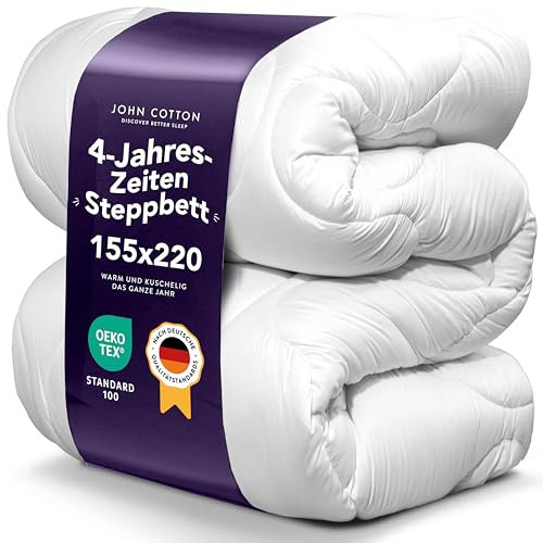 John Cotton 4 Jahreszeiten Bettdecke 155x220 cm – Praktisch alle Jahreszeiten Bettdecken für Allergiker | Oeko-Test Zertifiziert Steppdecke | Atmungsaktive Decke, Oberbett 155x220cm