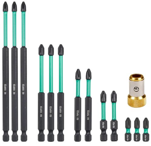 14Pcs PZ2 Magnetic Impact Driver Bits with Head Magnetic Ring, Heavy Duty Long Pozidriv Screwdriver Bit Set, S2 Steel Impact Screwdriver Bits 150mm 100mm 75mm 50mm 25mm