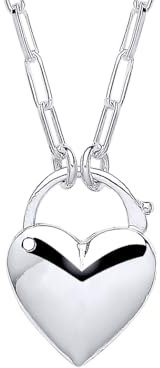 Jewelco London Ladies Rhodium Plated Sterling Silver Paperclip Link Love Heart Padlock Pendant Necklace 2mm 16 + 2 inch