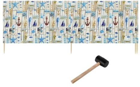 Ladeheid Windschutz Strand Strandzubehör Sichtschutz Holzstäbe LAEX001 | Mit Gummihammer, Strand Sichtschutz für Camping, Windfang im Sand, maritimes Muster, praktisches Strandzubehör mit Holzstäben