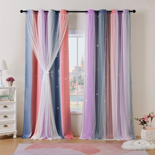 Best Baisite Gardinen Kinderzimmer 2er Set Verdunklungsvorhänge H 200 X B 132cm Doppellagige Vorhänge mit Hohlen Sternen Kinder Mädchen Baby Ösenschal Ösenvorhange Dekoration