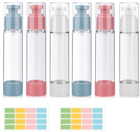 6 Stück Airless Pumpspender - 50ml Creme Spender Pumpflasche, Refillable Clear Lotion Pump Containers, Mini Empty Travel Pump Bottles with and Stickers for Foundation, Essence, Cream, Toiletrie