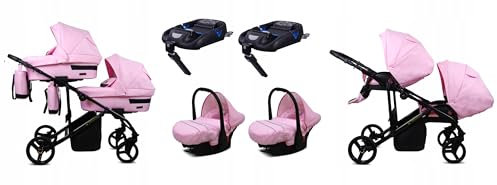 BabyLux® Kinderwagen Set 4 in 1 für Zwillinge - Trailux Duo - Light Pink - incl. Babywanne, Buggy Sportsitz, Auto-Babyschale, Basisstation - Autositz - Geschwisterwagen Zwillingskinderwagen
