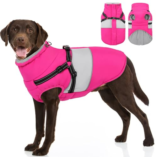 AOFITEE Hundemantel Grosse Hunde, Winter Wasserdicht Hundejacke Hundemantel mit Geschirr, Warmer Wintermantel Hundejacke Fleece Weste Winddicht Hunde Mantel für Deutsche Schäferhunde, Rosa 3XL