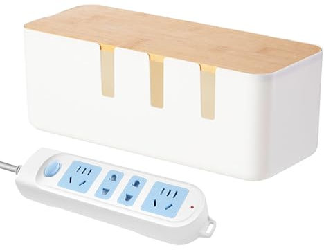 Cable Management Box, Wire Organizer with Wooden Cover, Cord Storage Case for Surge Protector, Ideal for Home, Kitchen, Media Center, Living Room, and Computer Desk Setup