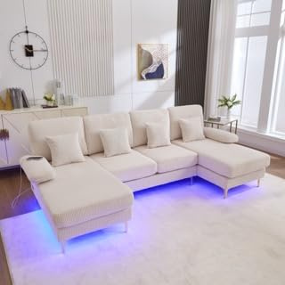 Rosebibi Modernes U-Sofa mit LED Ambientebeleuchtung & der USB-C-Port Massivholzrahmen, 4 luxuriöse Kissen & ergonomische Premium Rückenlehne (Beige)