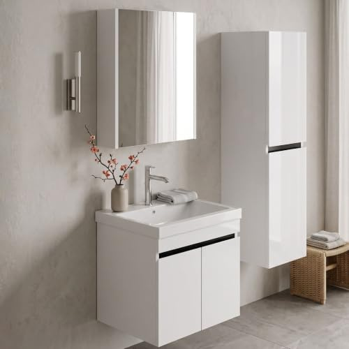 KAREN banyo Badmöbel-Set Venus Weiß – Waschtisch mit Keramik-Waschbecken, Unterschrank & Spiegelschrank, Hochglanz-Türen mit Griffleisten, Soft-Close (60)