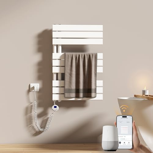 EMKE WiFi Badheizkörper Elektrisch 762x 500 mm - Flach Handtuchheizkörper Elektrisch, Elektrischer Handtuchwärmer Handtuchtrockner Handtuch Heizkörper Bad mit Thermostat und Heizstab - 400W, Weiß